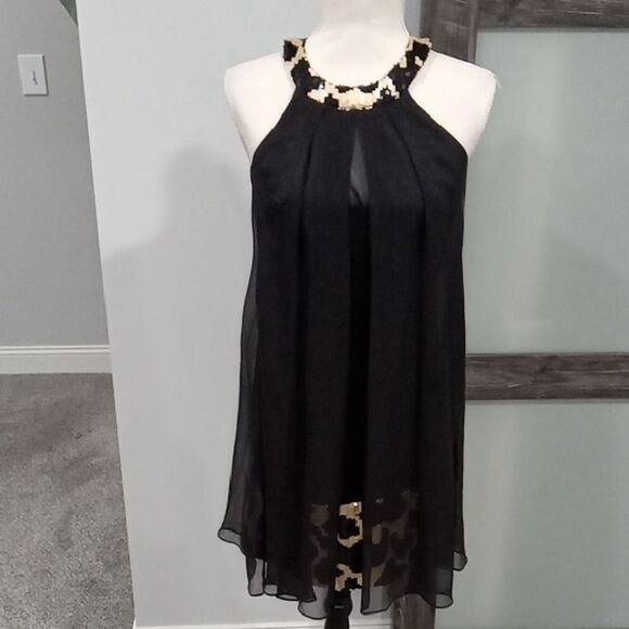 Beautiful Smaili's black sleevess halter mini dress w black & gold sequins Small - Picture 1 of 3